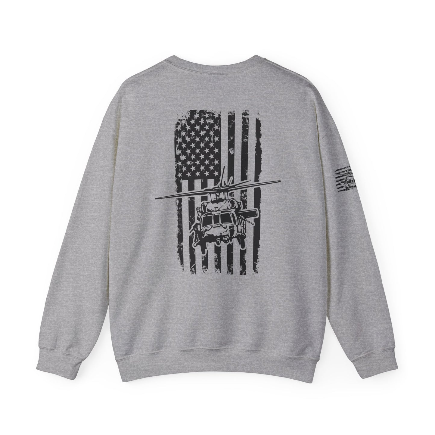 Crewneck Sweatshirt - American Flag Blackhawk Helicopter Graphic (Back Print)