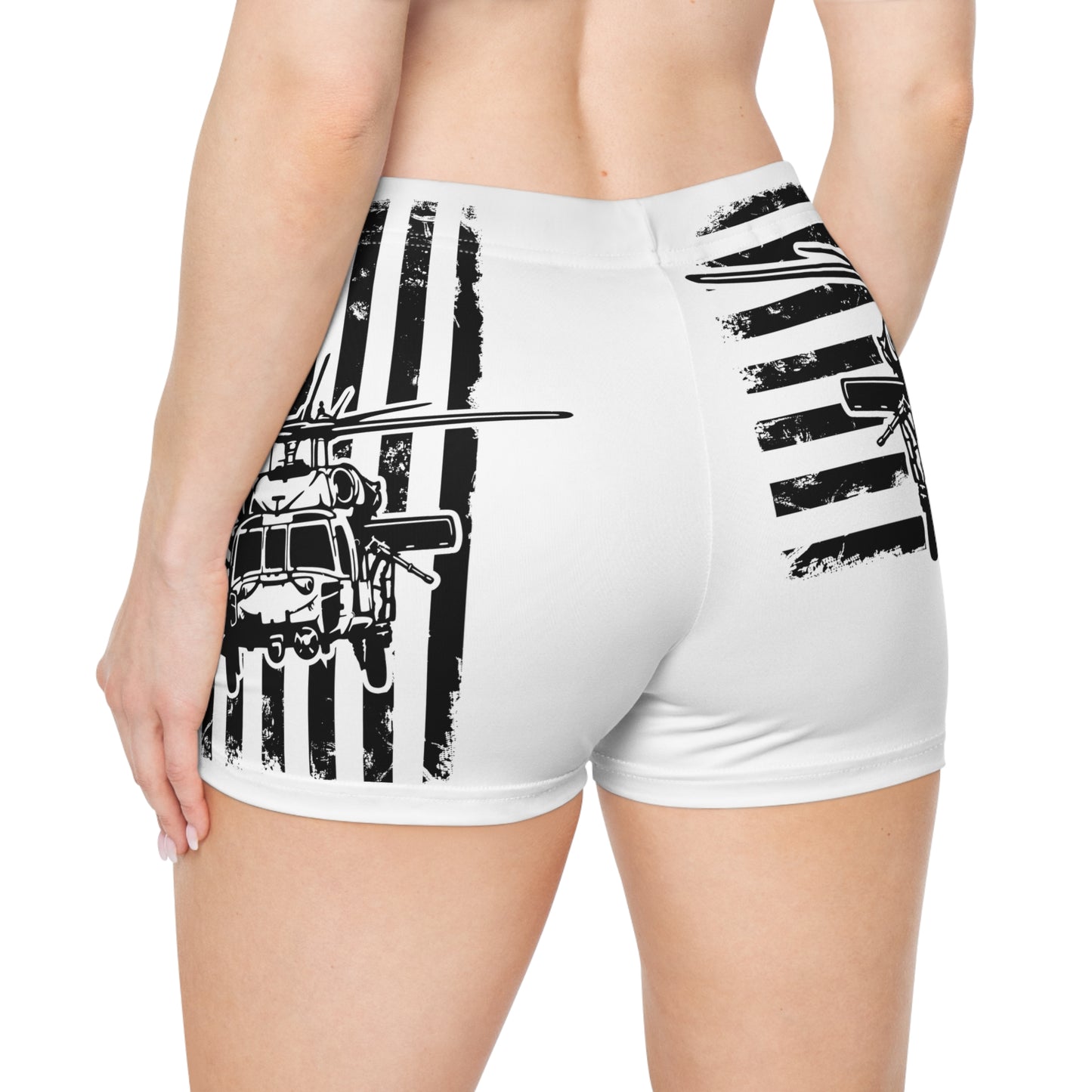Women's Shorts — Black & White Blackhawk Helicopter with Distressed American Flag