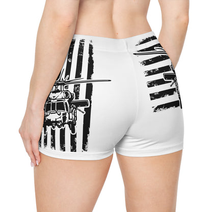 Women's Shorts — Black & White Blackhawk Helicopter with Distressed American Flag