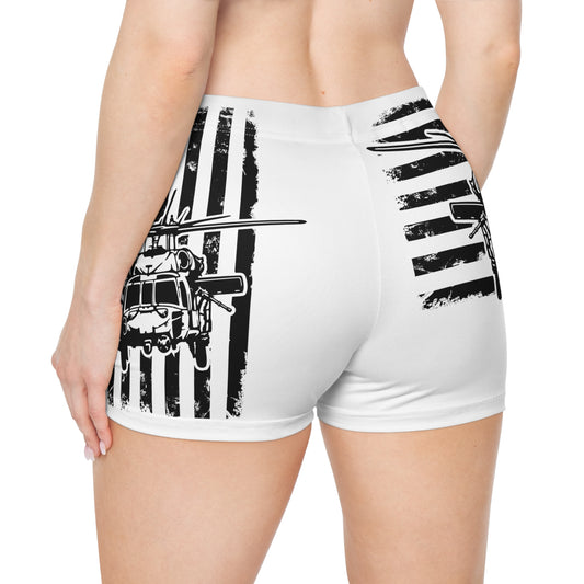 Women's Shorts — Black & White Blackhawk Helicopter with Distressed American Flag