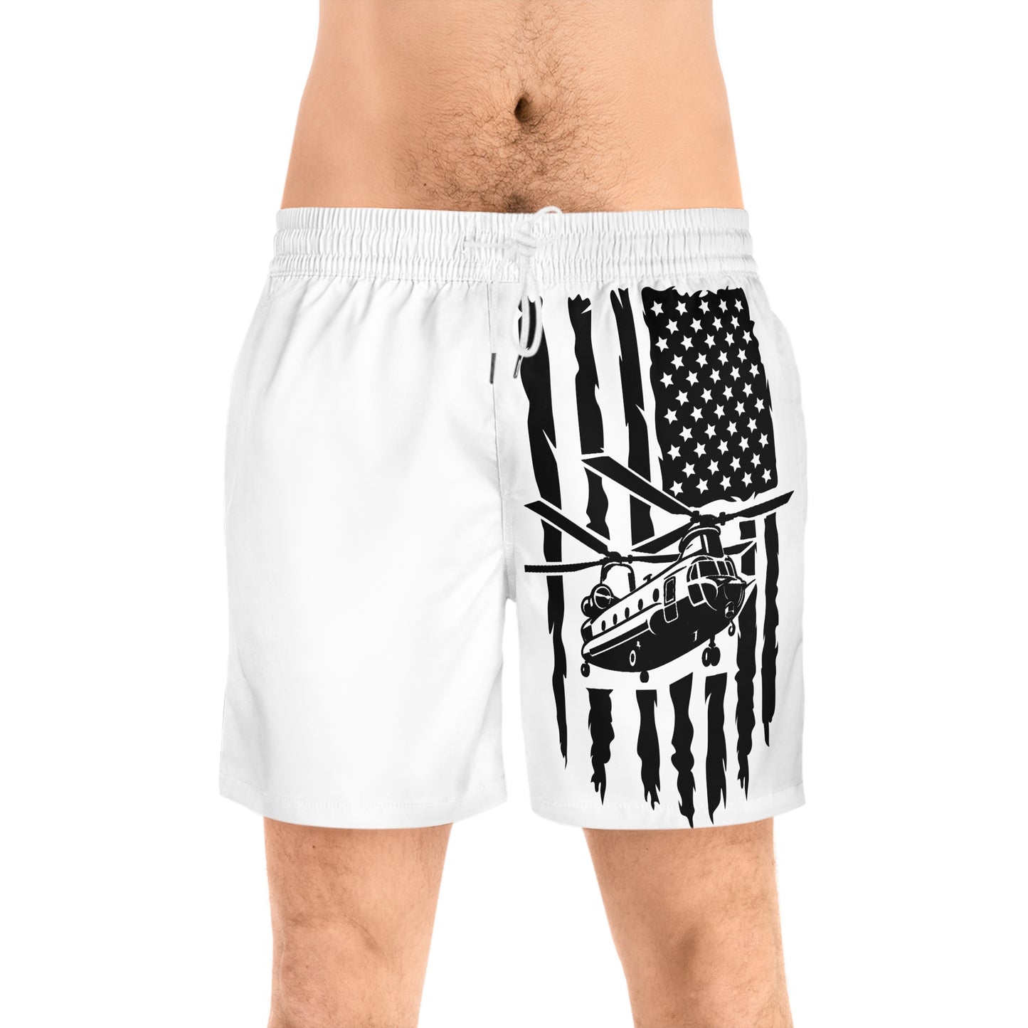 Men's Swim Shorts — Black American Flag Chinook Helicopter Graphic