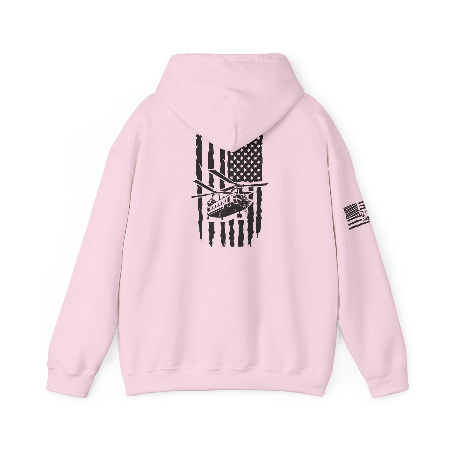 American Flag Chinook Helicopter Hoodie — Distressed USA Military Aviation Sweatshirt
