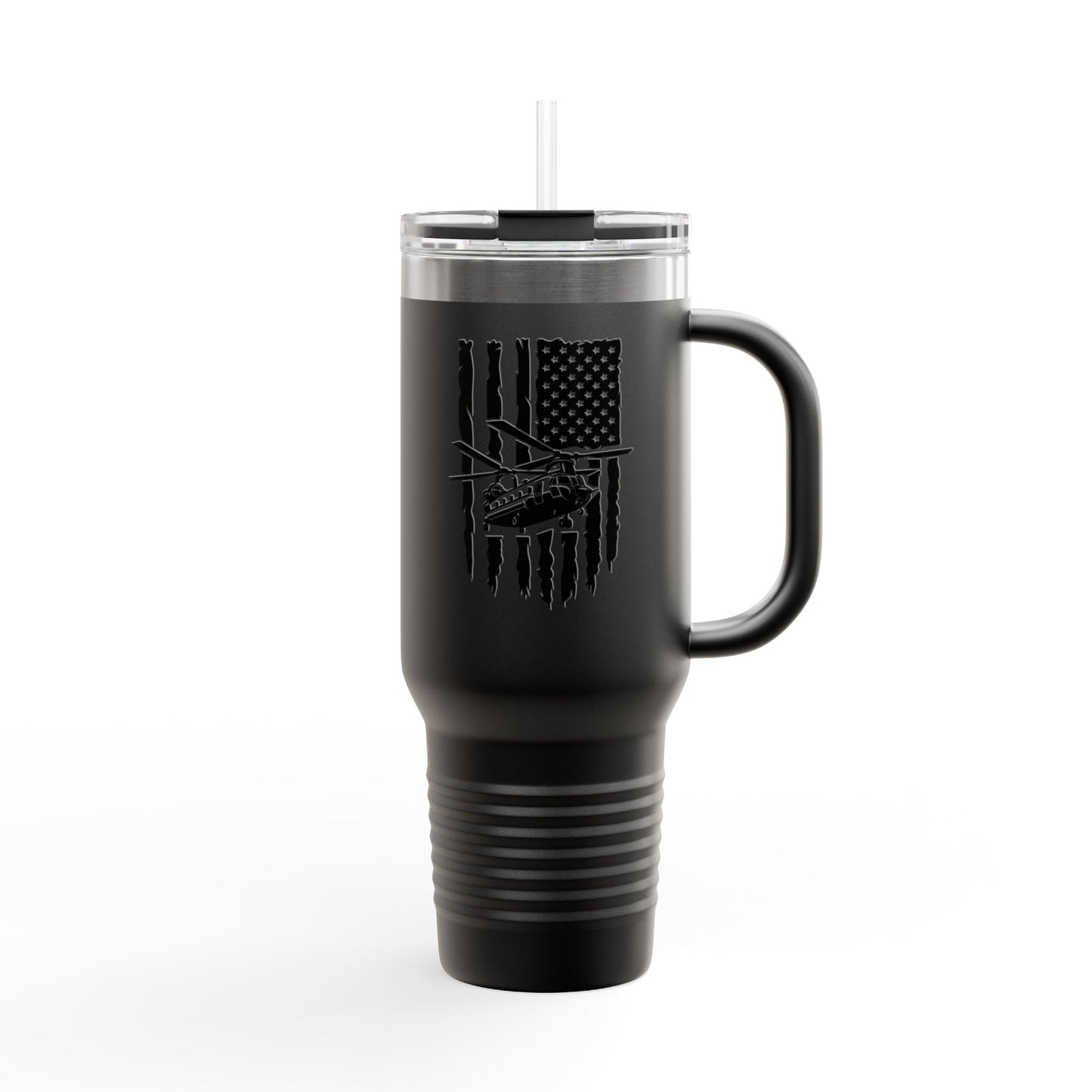 40oz Insulated Travel Mug — American Flag with Chinook Helicopter Graphic