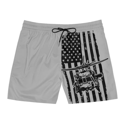 American Flag Blackhawk Helicopter Swim Shorts — Patriotic Military Beach Trunks