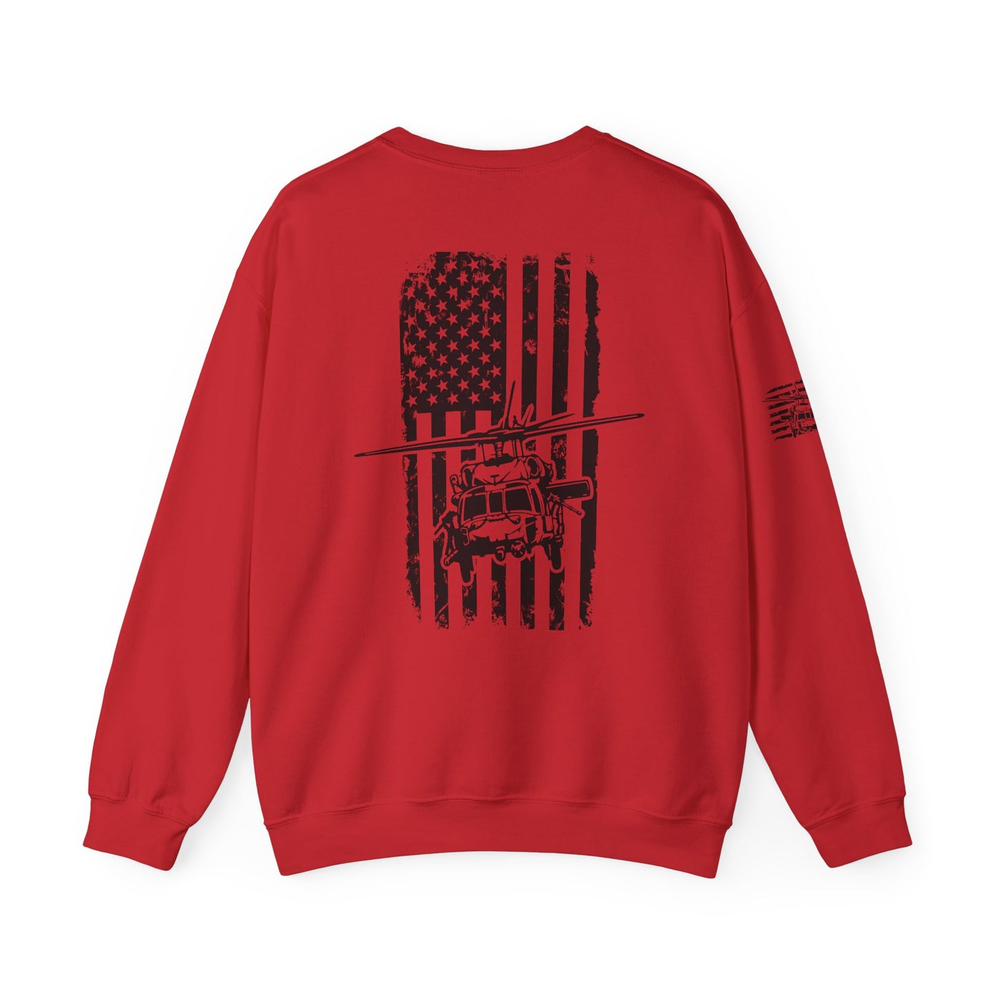 Crewneck Sweatshirt - American Flag Blackhawk Helicopter Graphic (Back Print)