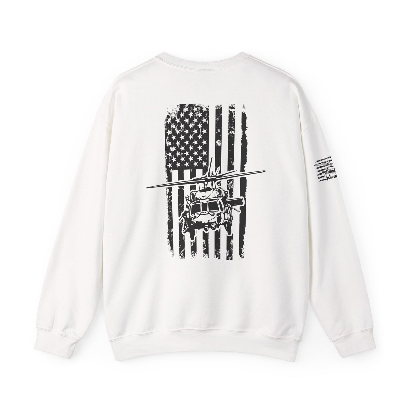 Crewneck Sweatshirt - American Flag Blackhawk Helicopter Graphic (Back Print)