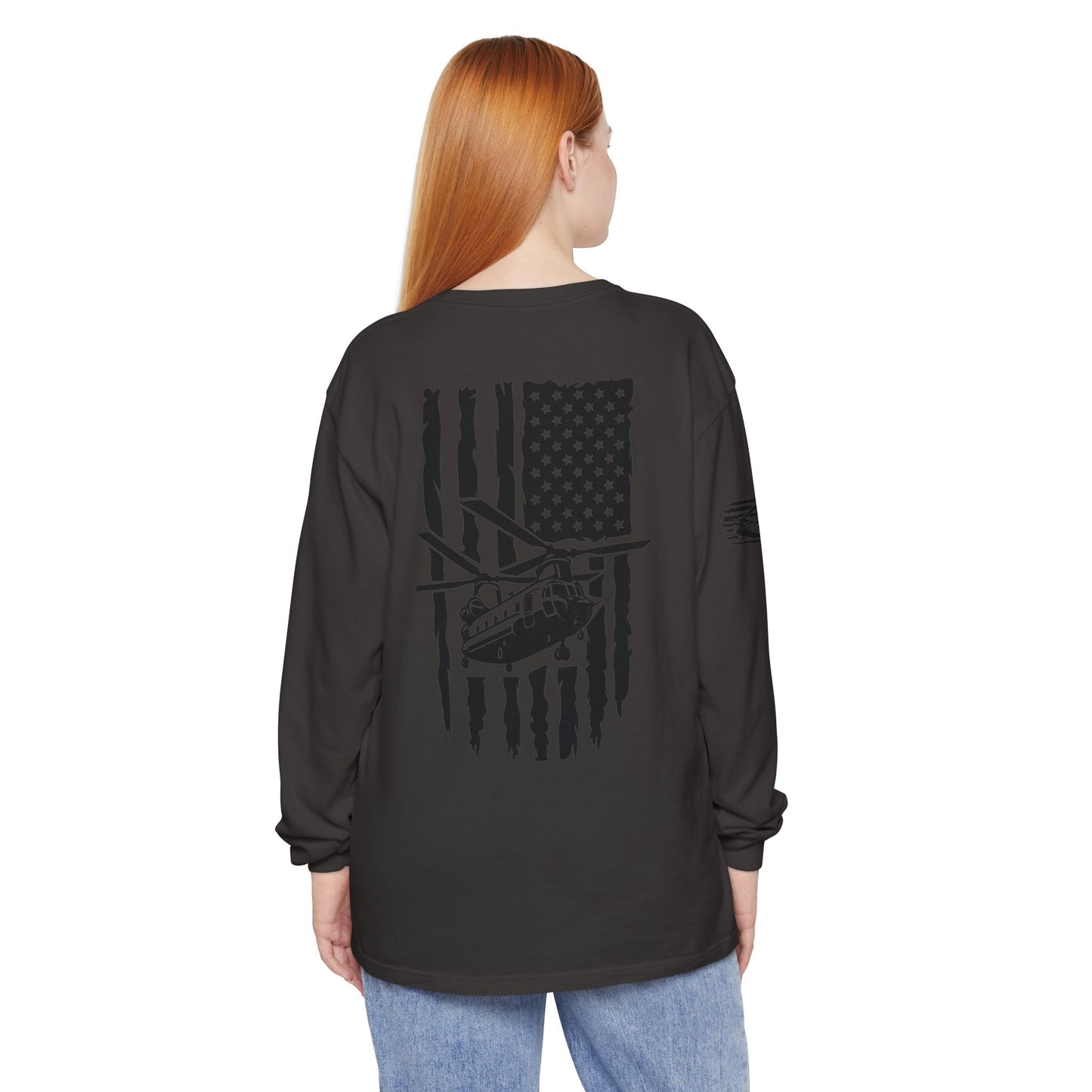 Chinook Helicopter American Flag Long Sleeve Tee