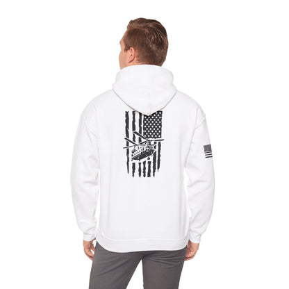 American Flag Chinook Helicopter Hoodie — Distressed USA Military Aviation Sweatshirt