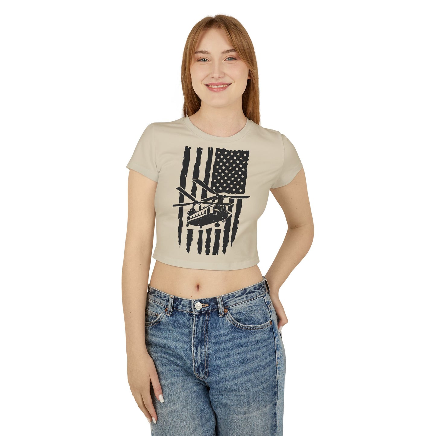 Women's Crop Tee — Distressed American Flag with Chinook Helicopter