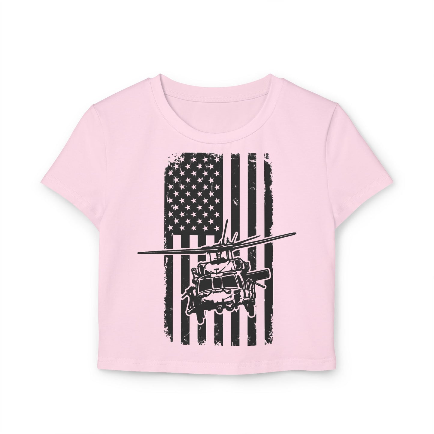 Women's Crop Tee — Distressed American Flag with Blackhawk Helicopter