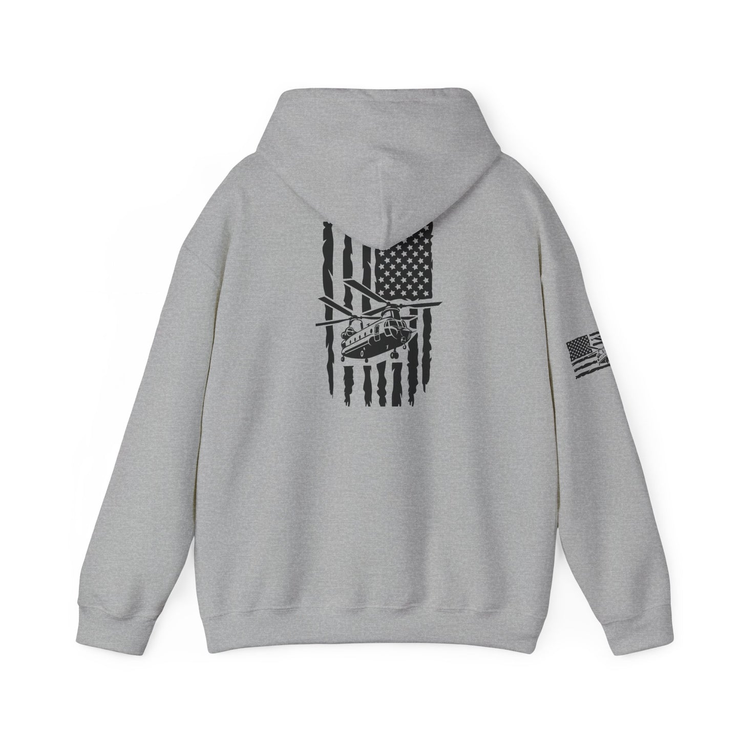 American Flag Chinook Helicopter Hoodie — Distressed USA Military Aviation Sweatshirt