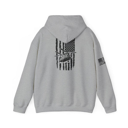 American Flag Chinook Helicopter Hoodie — Distressed USA Military Aviation Sweatshirt