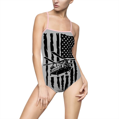 American Flag Chinook Helicopter One-Piece Swimsuit — Patriotic Beachwear for Women