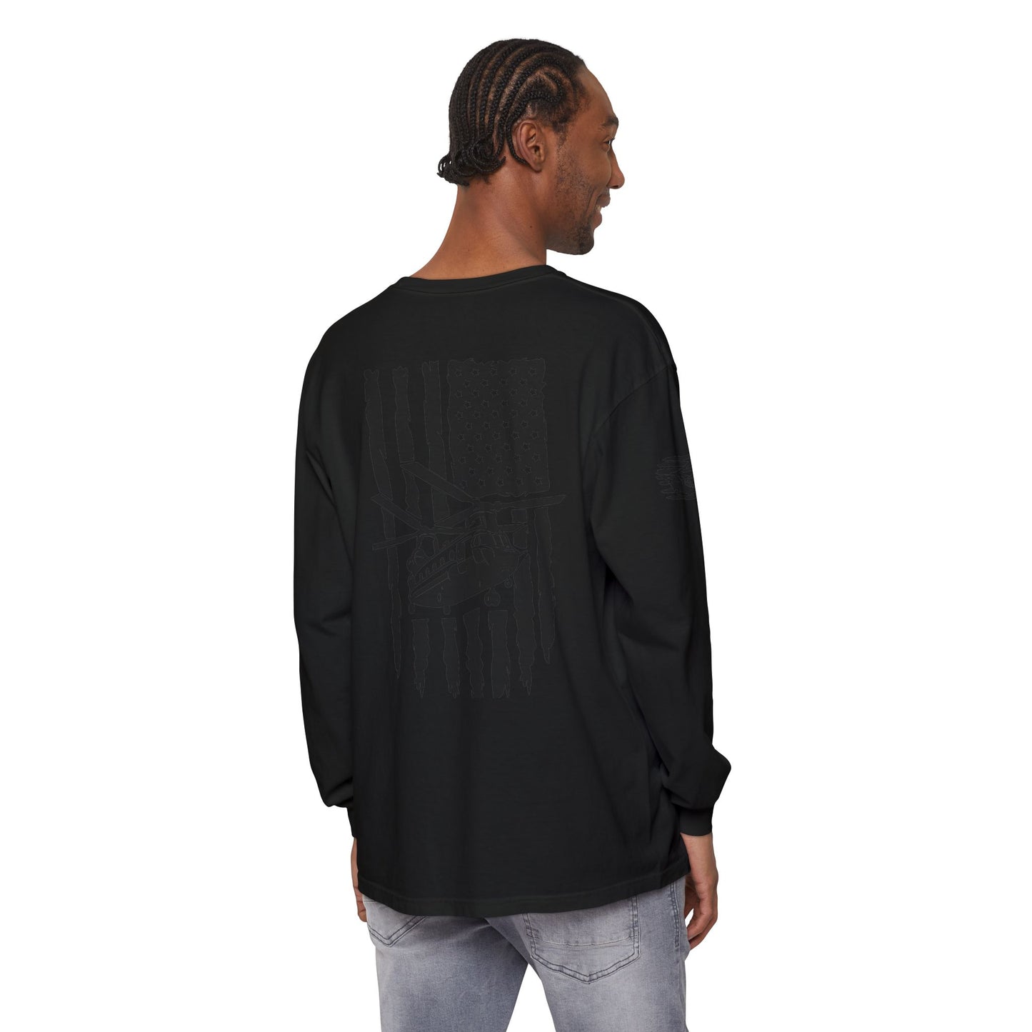 Chinook Helicopter American Flag Long Sleeve Tee