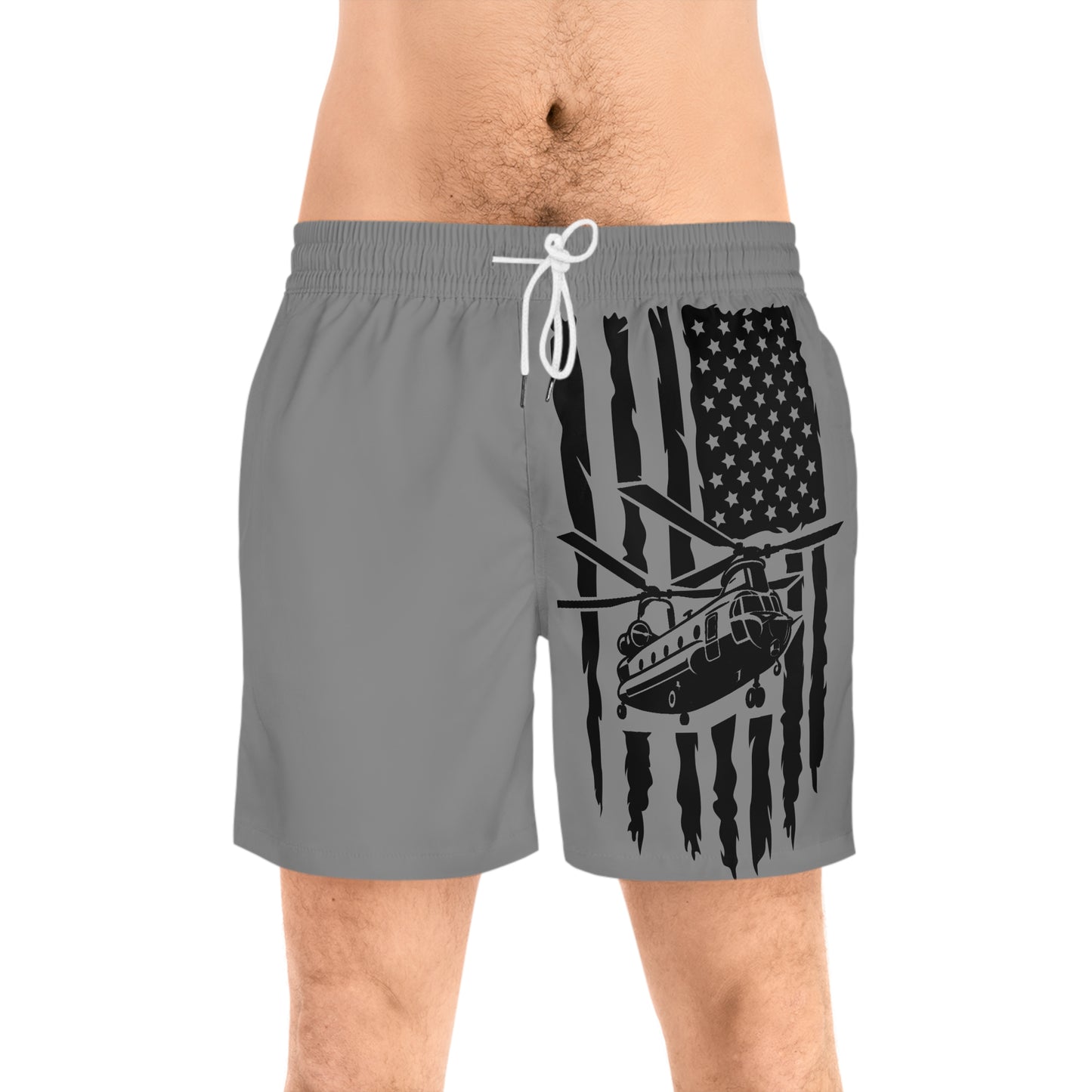Men's Swim Shorts — Black American Flag Chinook Helicopter Graphic