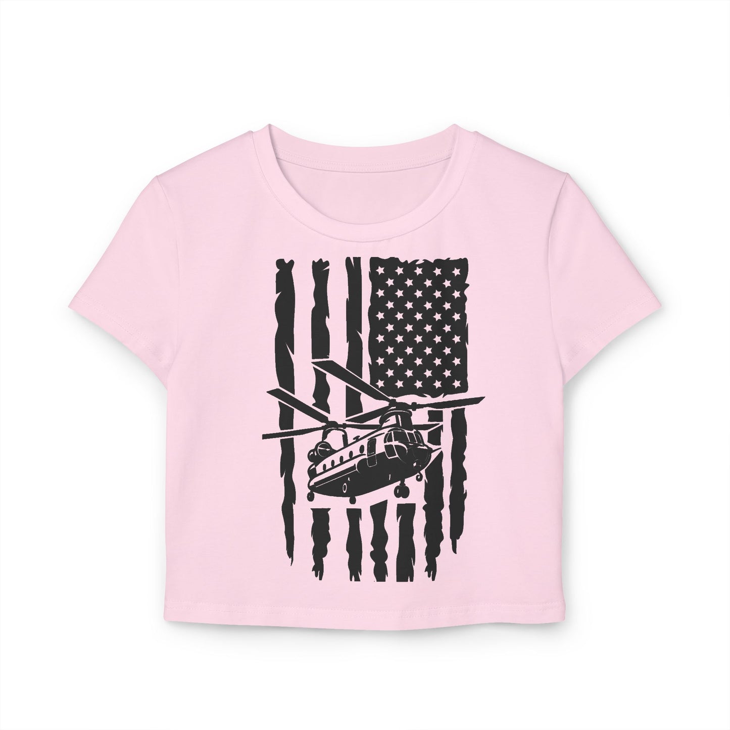 Women's Crop Tee — Distressed American Flag with Chinook Helicopter