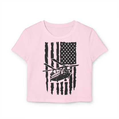 Women's Crop Tee — Distressed American Flag with Chinook Helicopter