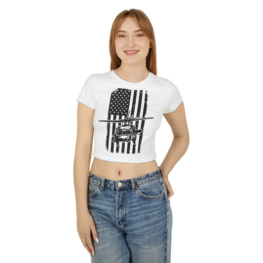 Women's Crop Tee — Distressed American Flag with Blackhawk Helicopter