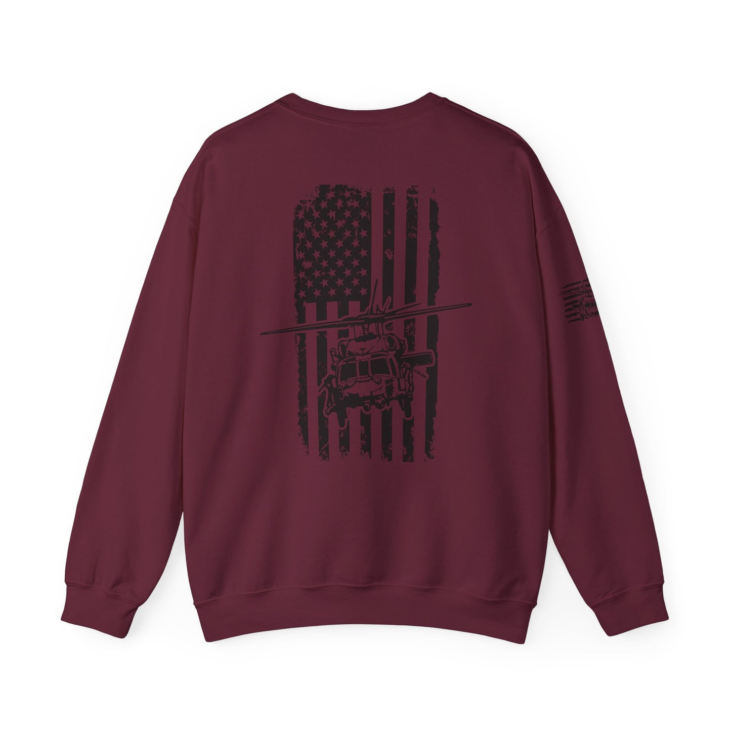 Crewneck Sweatshirt - American Flag Blackhawk Helicopter Graphic (Back Print)