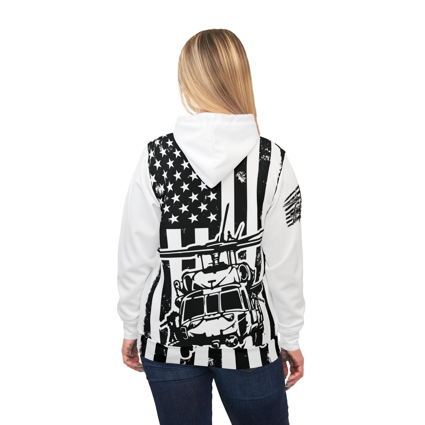 Military Helicopter Flag Hoodie – Black & White Army Aviation Graphic