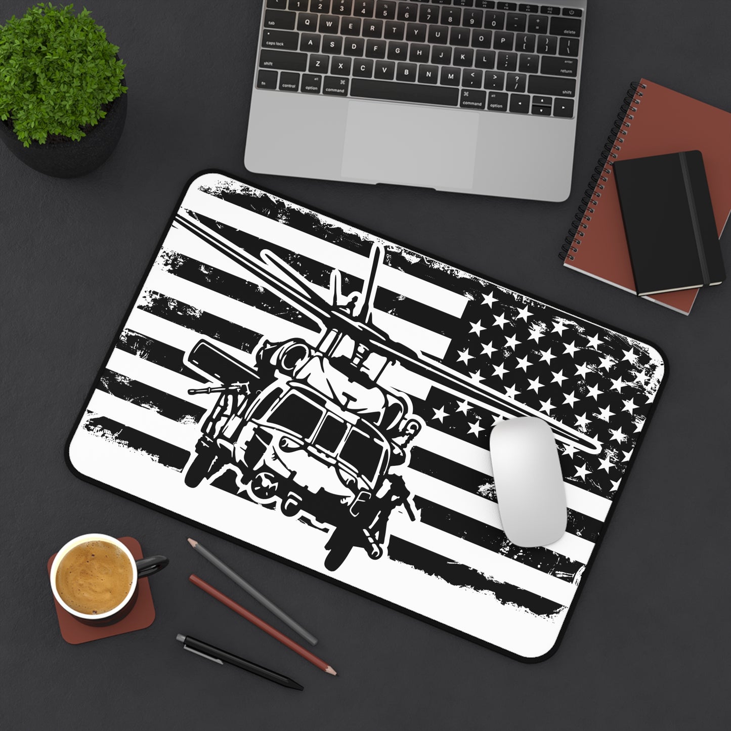 Blackhawk Helicopter American Flag Desk Mat — Military Pilot Gaming Desk Pad