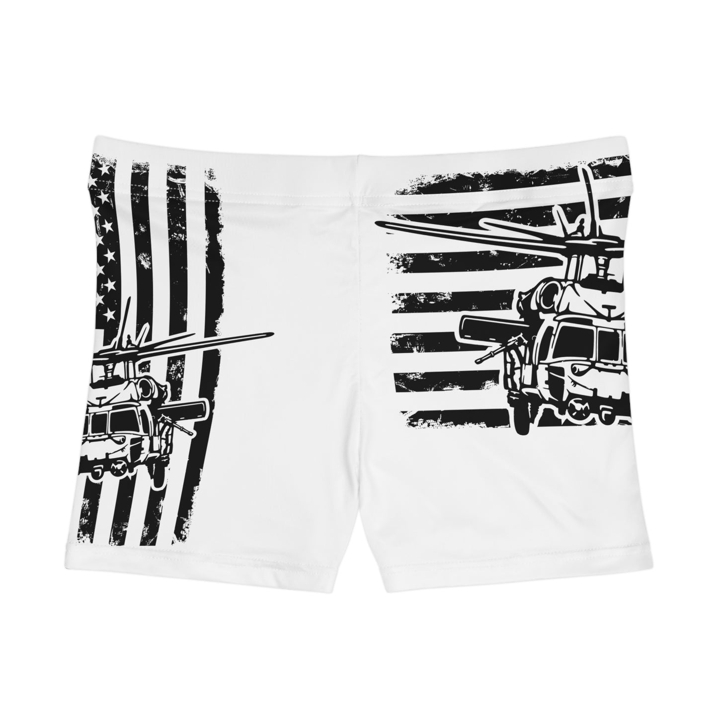 Women's Shorts — Black & White Blackhawk Helicopter with Distressed American Flag