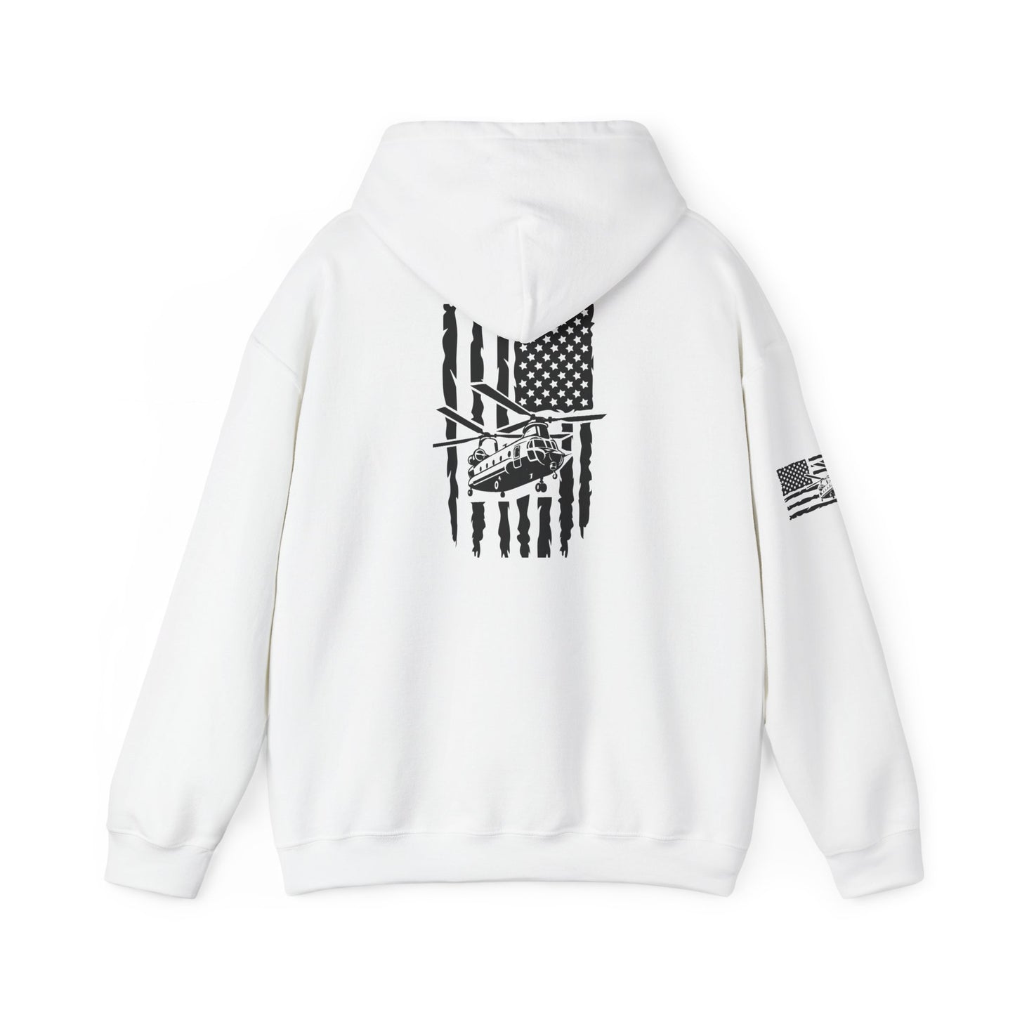 American Flag Chinook Helicopter Hoodie — Distressed USA Military Aviation Sweatshirt