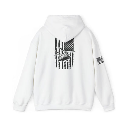 American Flag Chinook Helicopter Hoodie — Distressed USA Military Aviation Sweatshirt