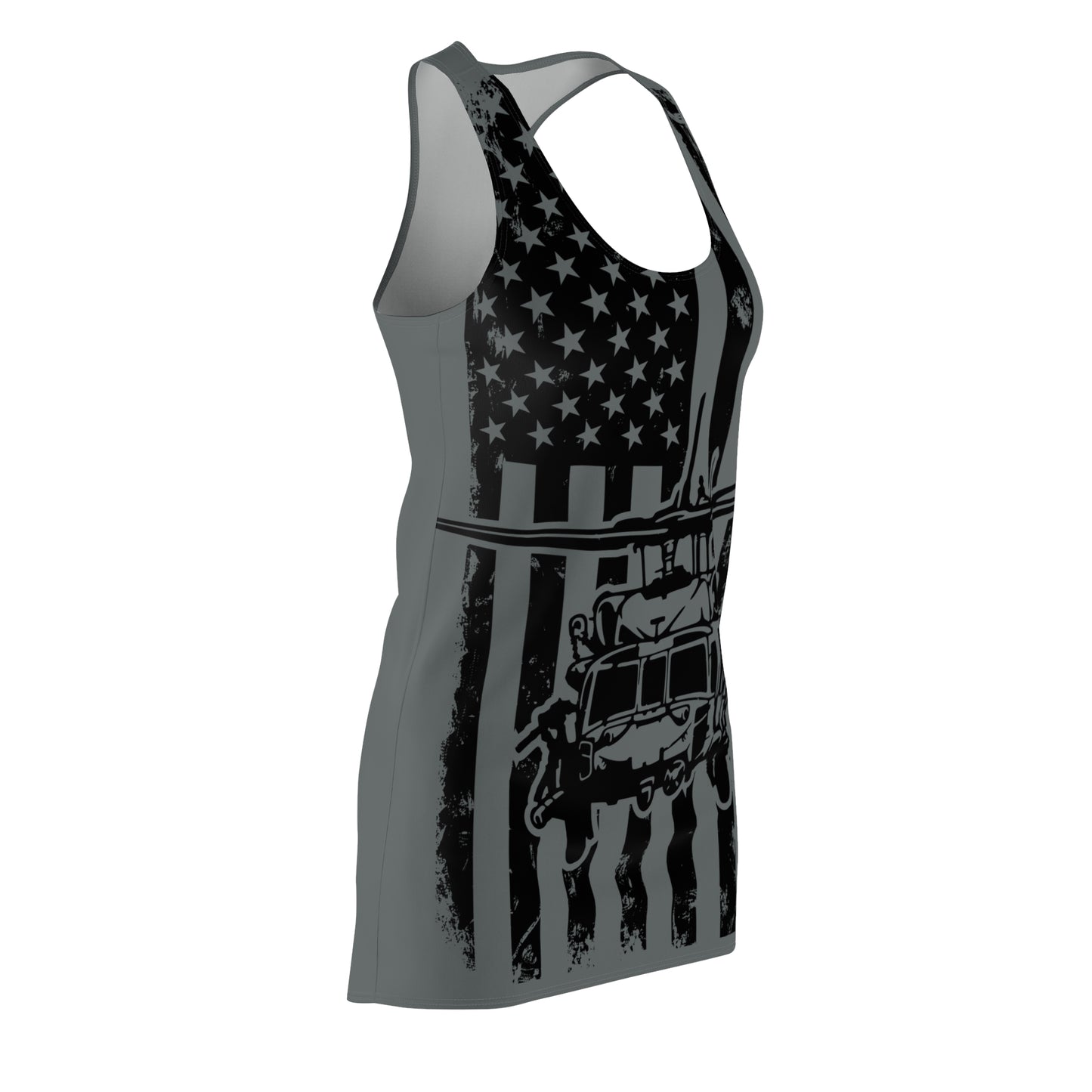 American Blackhawk Helicopter Racerback Dress — Patriotic Black & Grey Military Design