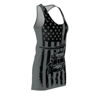 American Blackhawk Helicopter Racerback Dress — Patriotic Black & Grey Military Design