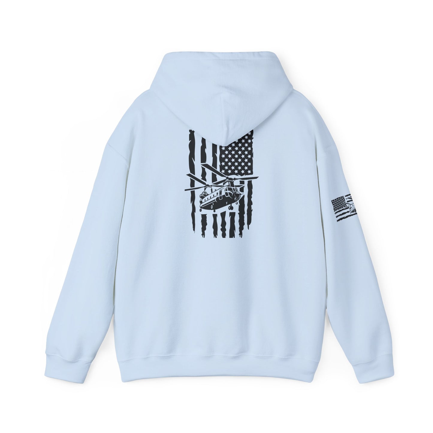 American Flag Chinook Helicopter Hoodie — Distressed USA Military Aviation Sweatshirt