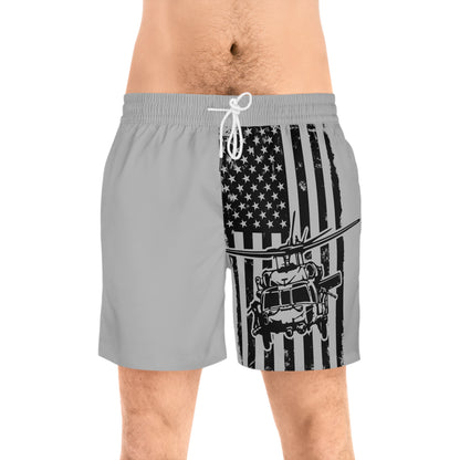 American Flag Blackhawk Helicopter Swim Shorts — Patriotic Military Beach Trunks