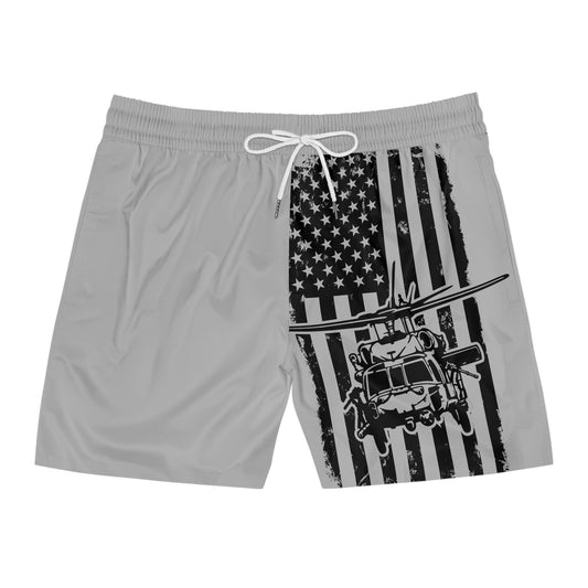 American Flag Blackhawk Helicopter Swim Shorts — Patriotic Military Beach Trunks