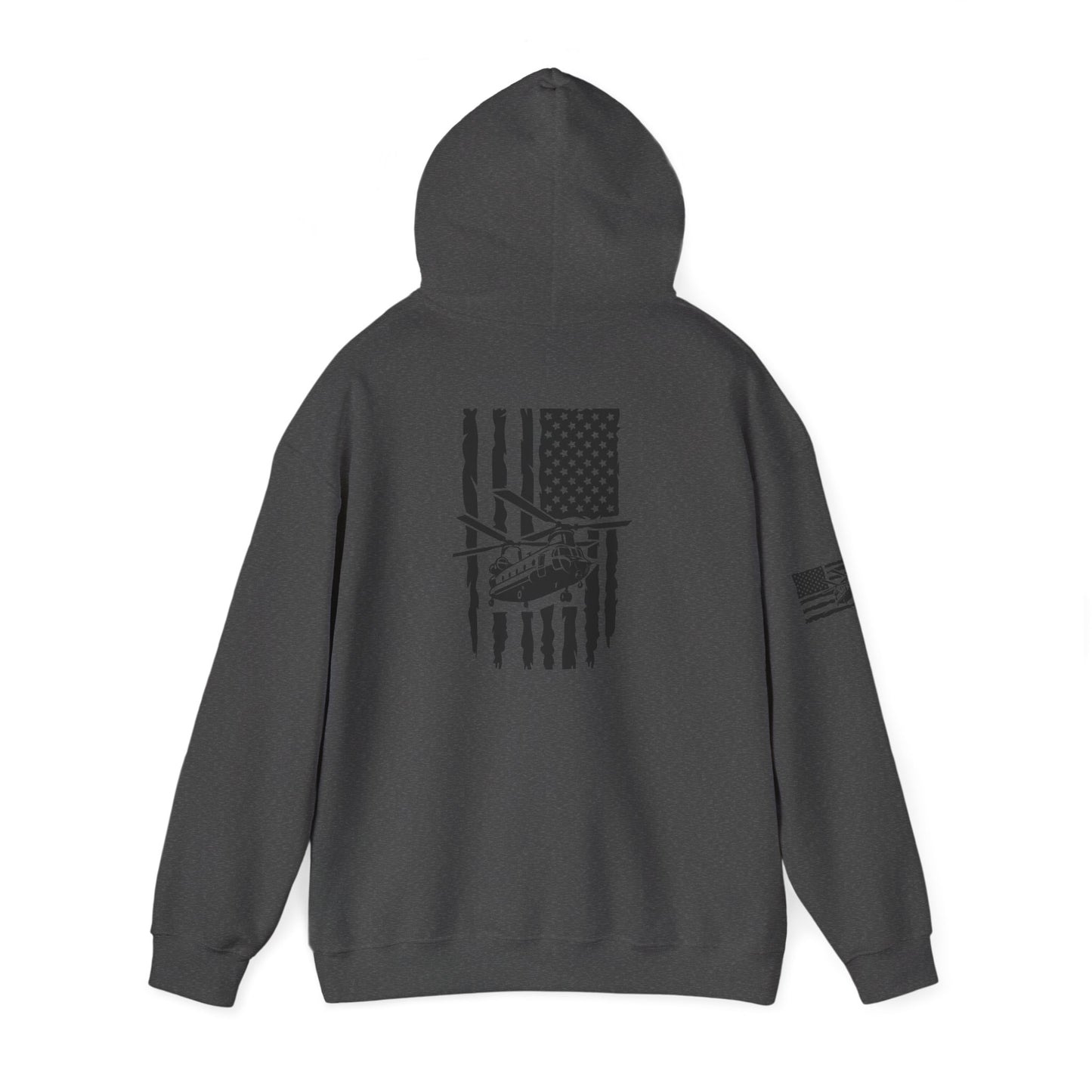 American Flag Chinook Helicopter Hoodie — Distressed USA Military Aviation Sweatshirt