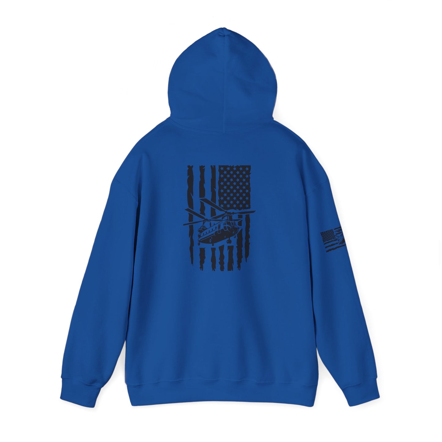 American Flag Chinook Helicopter Hoodie — Distressed USA Military Aviation Sweatshirt