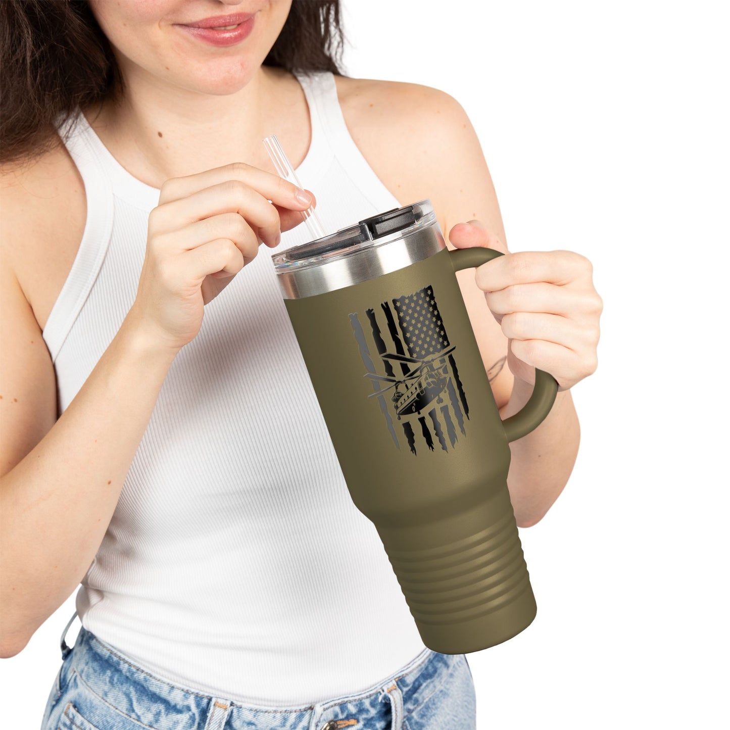 40oz Insulated Travel Mug — American Flag with Chinook Helicopter Graphic