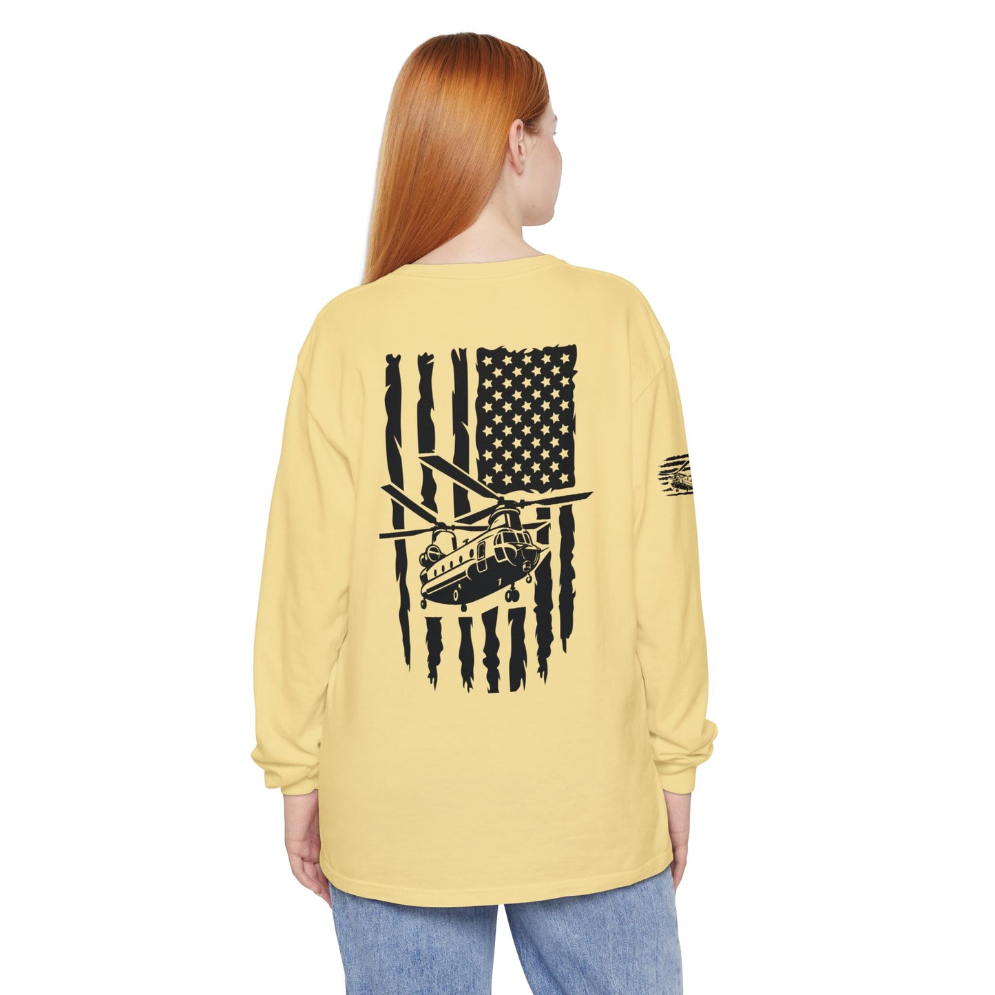 Chinook Helicopter American Flag Long Sleeve Tee