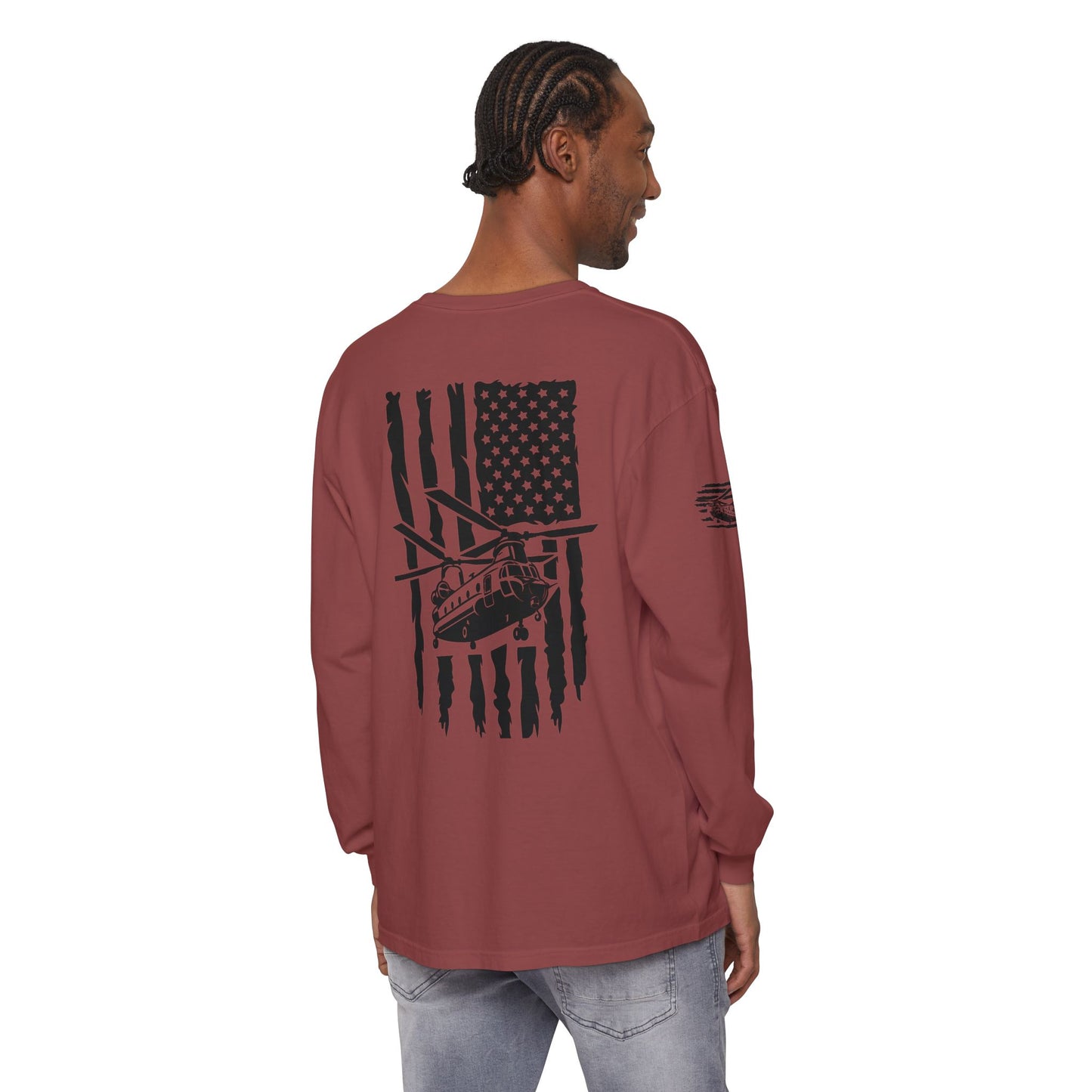 Chinook Helicopter American Flag Long Sleeve Tee