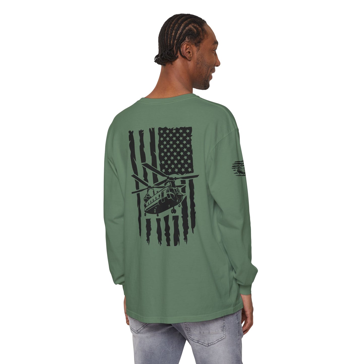 Chinook Helicopter American Flag Long Sleeve Tee
