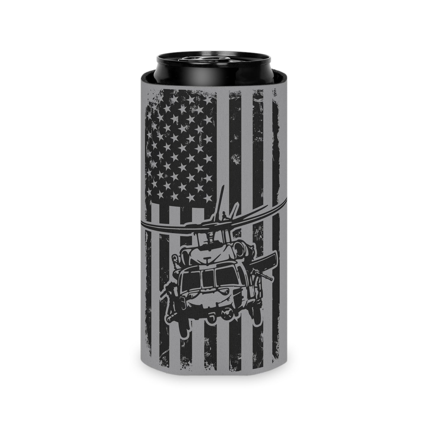 Military Helicopter Can Cooler with Distressed American Flag — Tactical Beer Koozie
