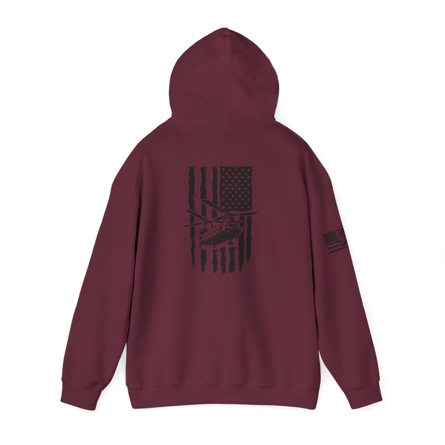 American Flag Chinook Helicopter Hoodie — Distressed USA Military Aviation Sweatshirt