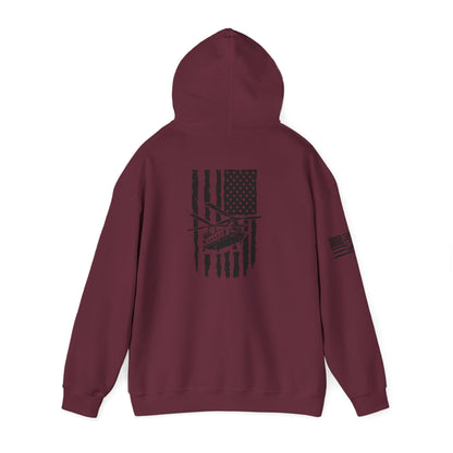 American Flag Chinook Helicopter Hoodie — Distressed USA Military Aviation Sweatshirt