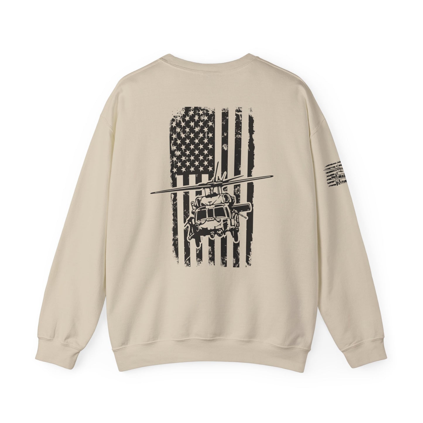 Crewneck Sweatshirt - American Flag Blackhawk Helicopter Graphic (Back Print)