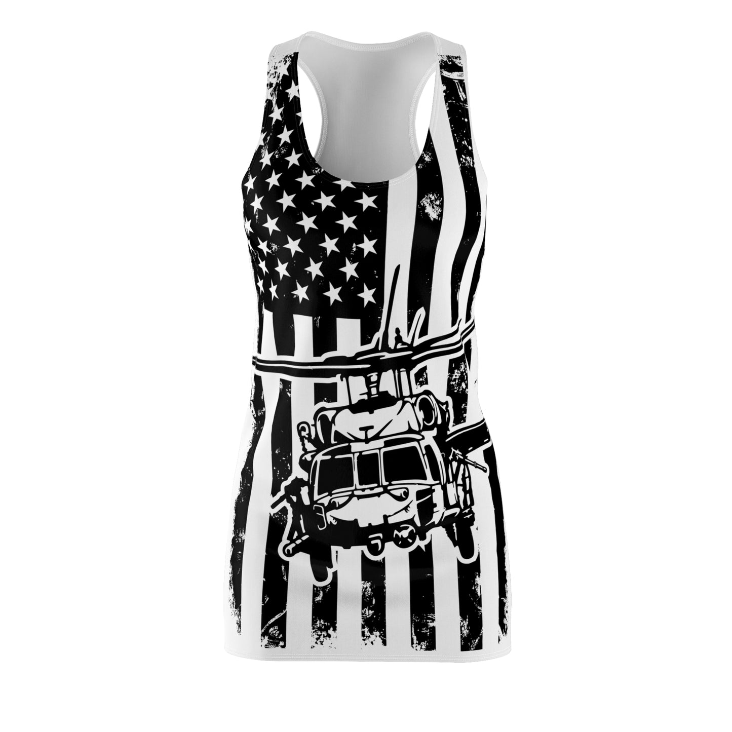 American Blackhawk Helicopter Racerback Dress — Patriotic Black & White Military Design