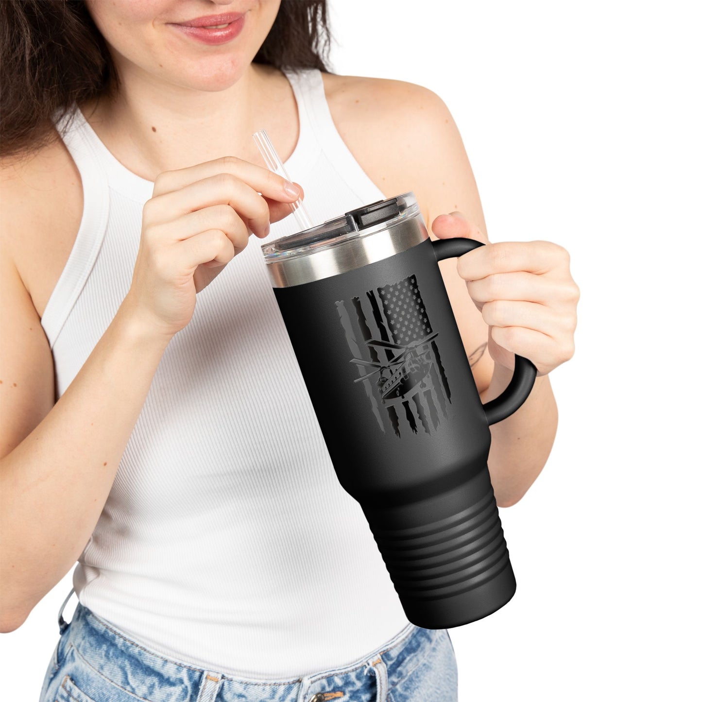 40oz Insulated Travel Mug — American Flag with Chinook Helicopter Graphic