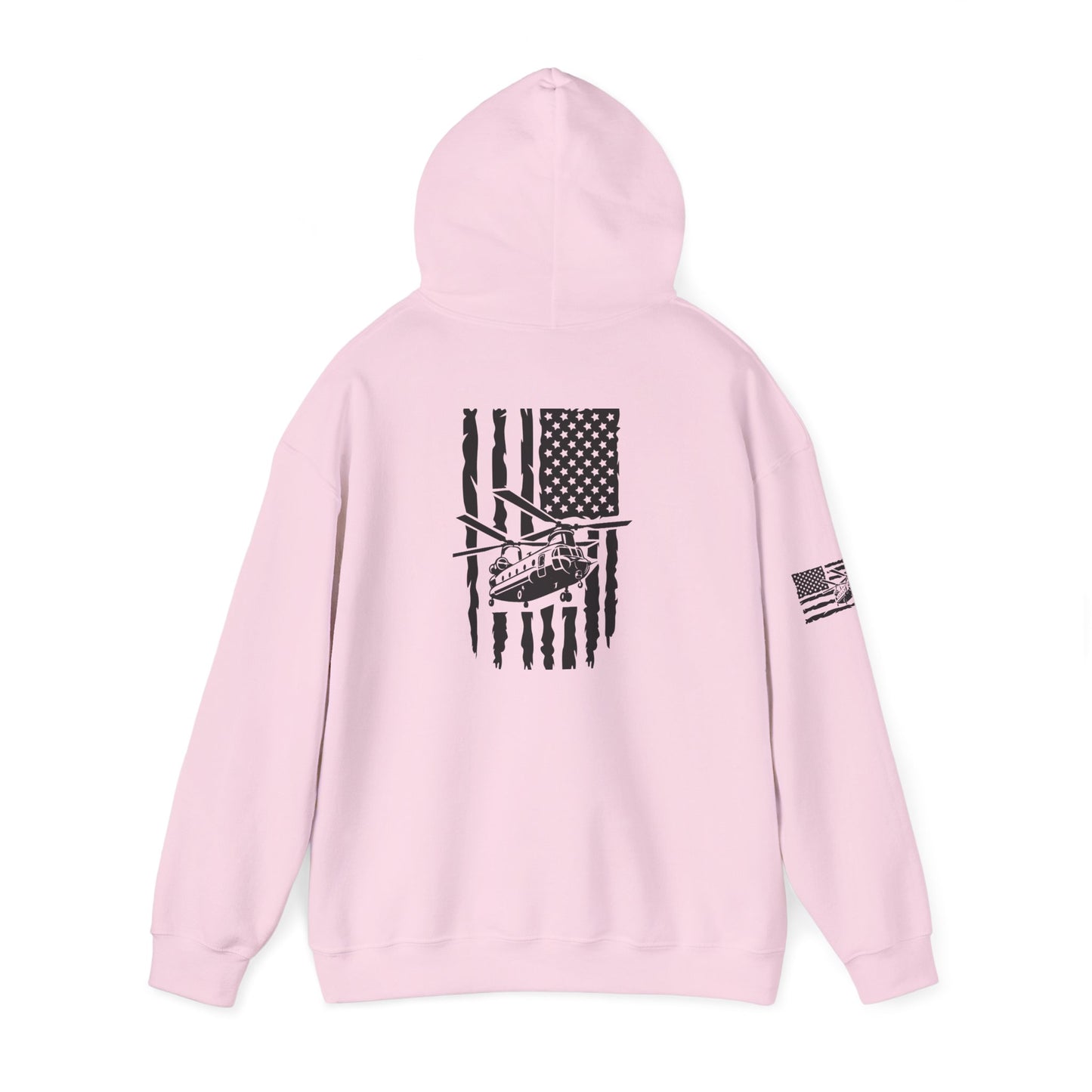 American Flag Chinook Helicopter Hoodie — Distressed USA Military Aviation Sweatshirt