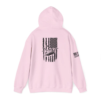 American Flag Chinook Helicopter Hoodie — Distressed USA Military Aviation Sweatshirt