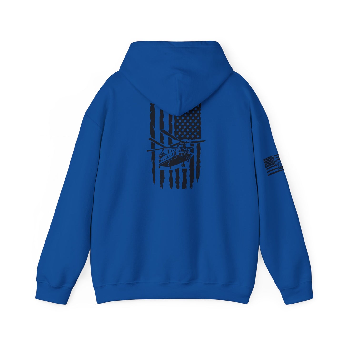American Flag Chinook Helicopter Hoodie — Distressed USA Military Aviation Sweatshirt