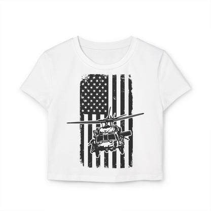 Women's Crop Tee — Distressed American Flag with Blackhawk Helicopter
