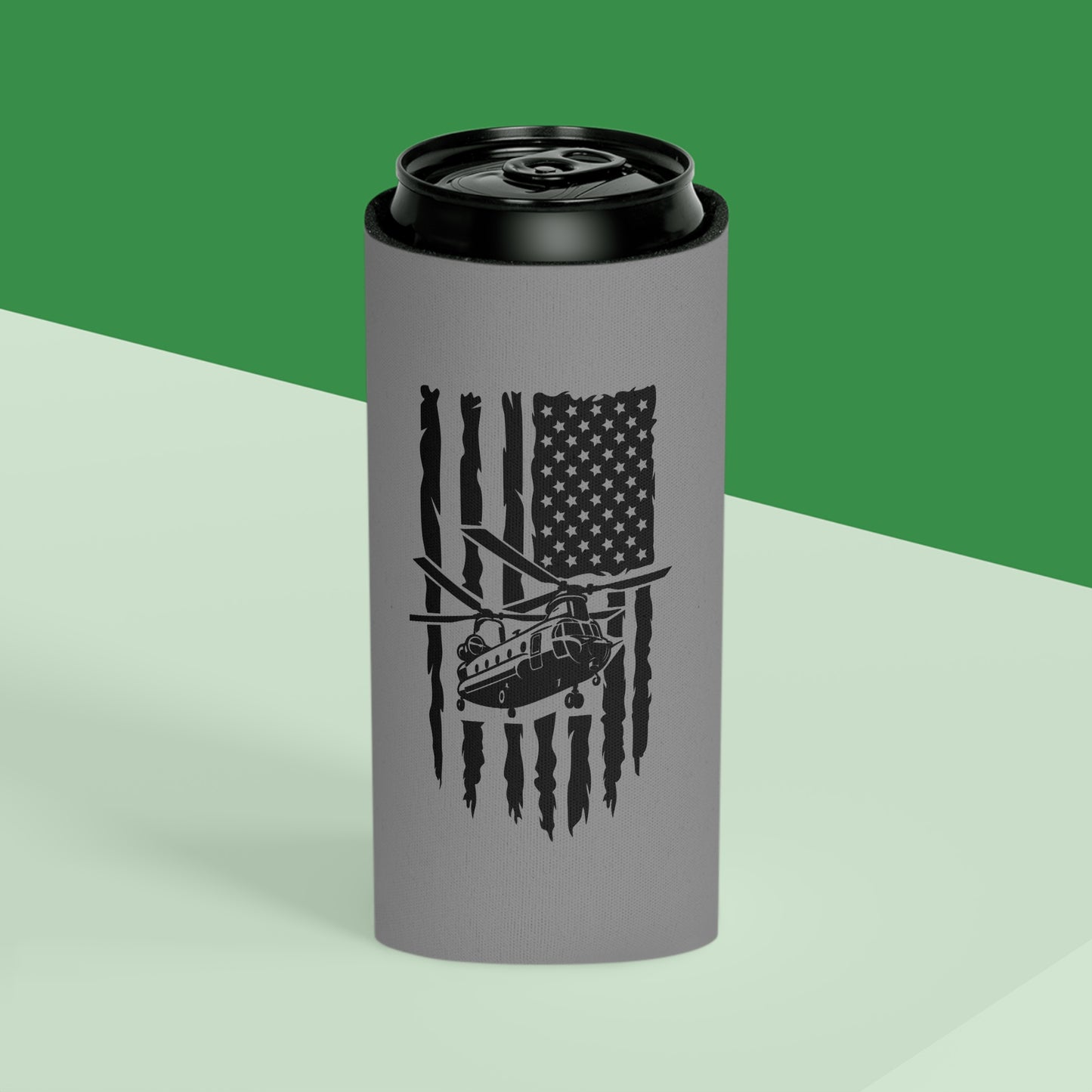 Can Cooler — Chinook Military Helicopter American Flag Design